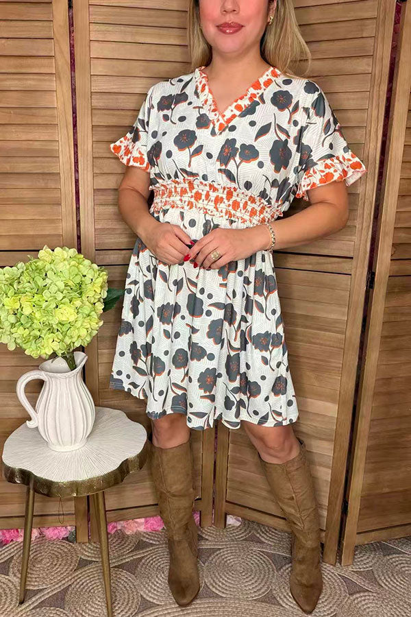 Floral printed ruffle short sleeve women dresses w/side pockets GJQ15677