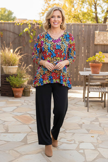 Western leopard 3/4 sleeve top & black pant women's boutique set GJQ15718