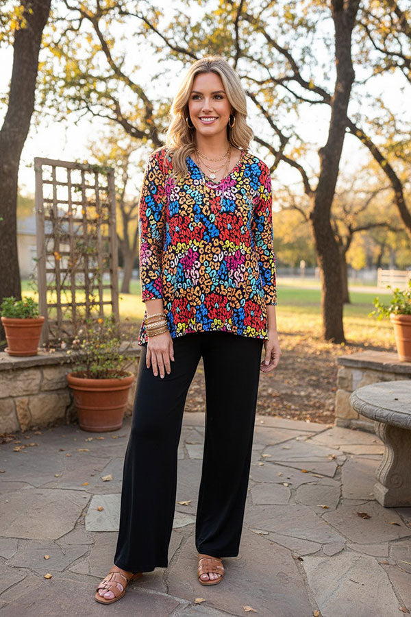 Western leopard 3/4 sleeve top & black pant women's boutique set GJQ15718