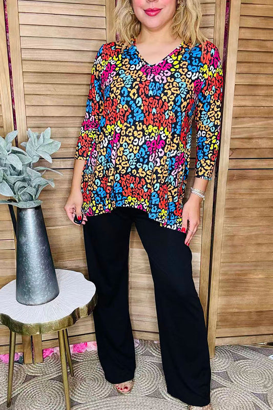 Leopard printed 3/4 sleeve top & black pant 2pcs women sets GJQ15718