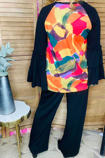Plus size multicolor printed black ruffle raglan long sleeve women blouse GJQ15743