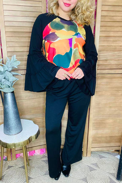 Plus size multicolor printed black ruffle raglan long sleeve women blouse GJQ15743