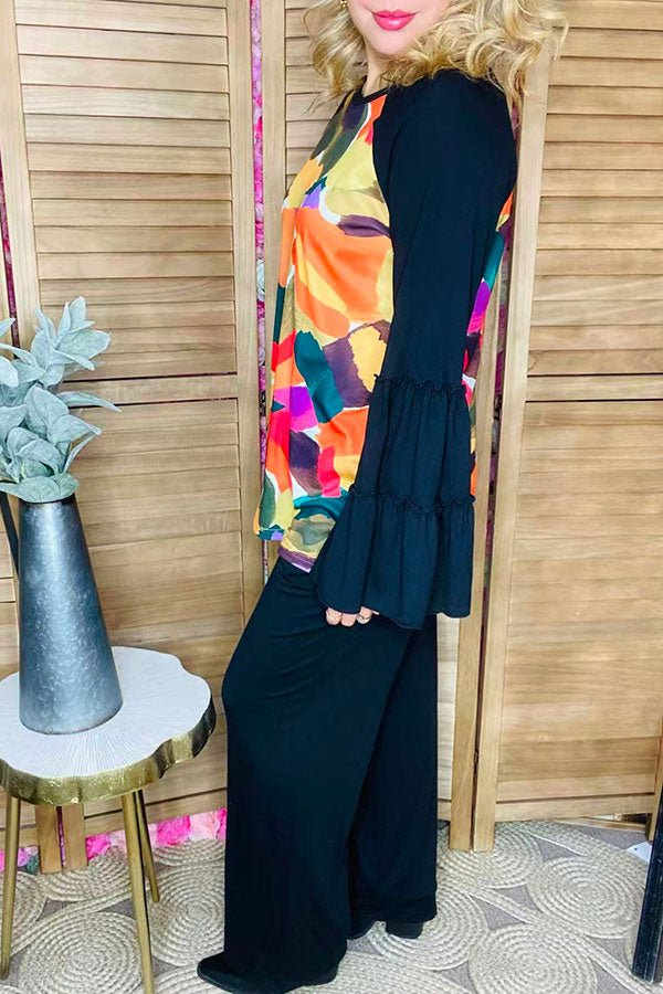 Plus size multicolor printed black ruffle raglan long sleeve women blouse GJQ15743