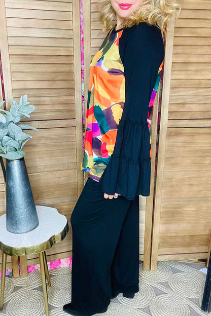 Plus size multicolor printed black ruffle raglan long sleeve women blouse GJQ15743