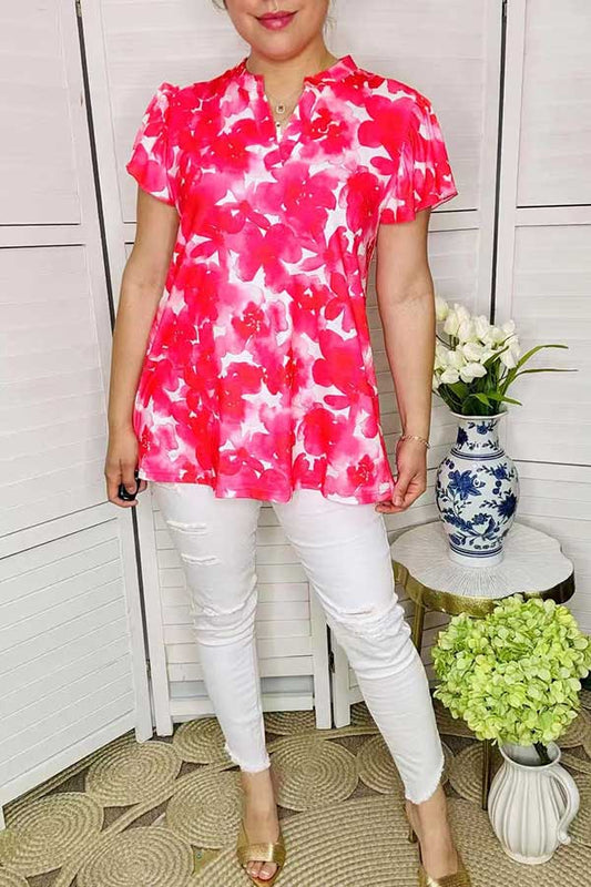 Ladies clothing distributors fuchsia floral short sleeve V-neckline women tops GJQ15835