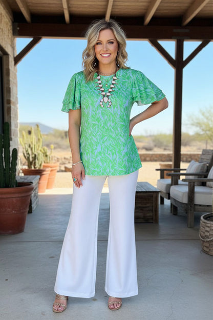 Western trendy print double ruffle sleeve green women boutique top GJQ15836