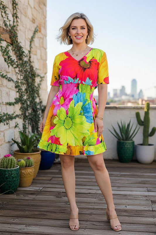 Trendy floral short sleeve women dress w/side pockets Southern Stitch GJQ15888