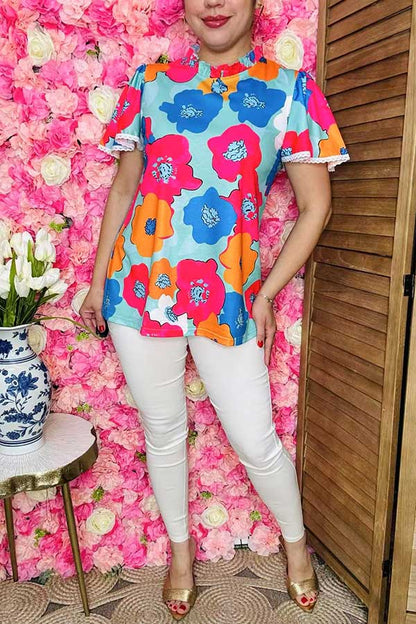 Trendy Floral print lace trim bell sleeve women boutique top Southern Stitch GJQ15907