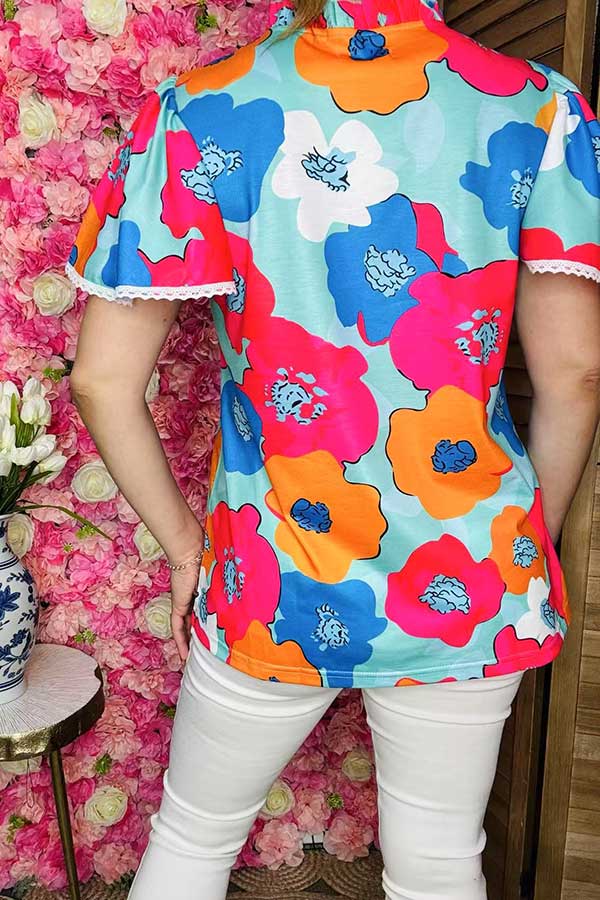 Trendy Floral print lace trim bell sleeve women boutique top Southern Stitch GJQ15907