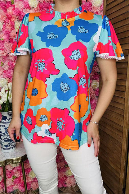 Trendy Floral print lace trim bell sleeve women boutique top Southern Stitch GJQ15907