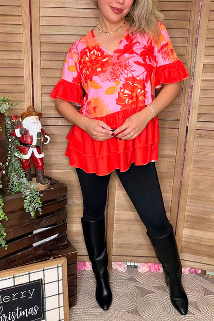 Pink floral printed & orange ruffle short sleeve baby doll women top GJQ15910 (IS8)