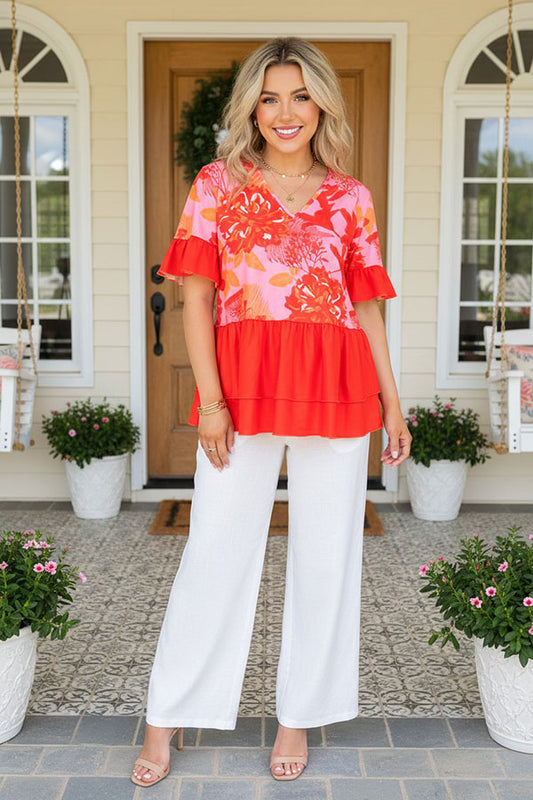 Pink floral printed & orange ruffle short sleeve baby doll women top GJQ15910