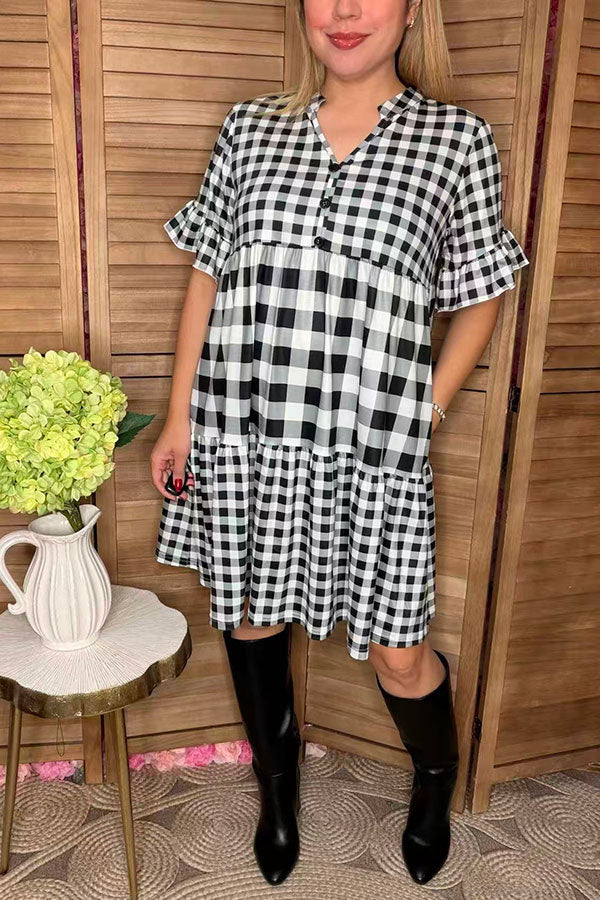 Checkered printed baby doll short sleeve women dress w/pockets GJQ15916