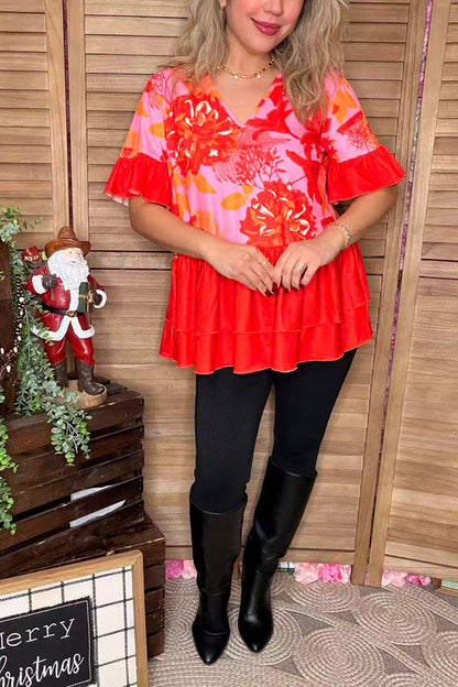 Pink floral printed & orange ruffle short sleeve baby doll women top GJQ15910