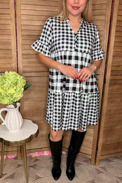Checkered printed baby doll short sleeve women dress w/pockets GJQ15916