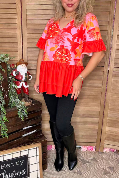 Pink floral printed & orange ruffle short sleeve baby doll women top GJQ15910