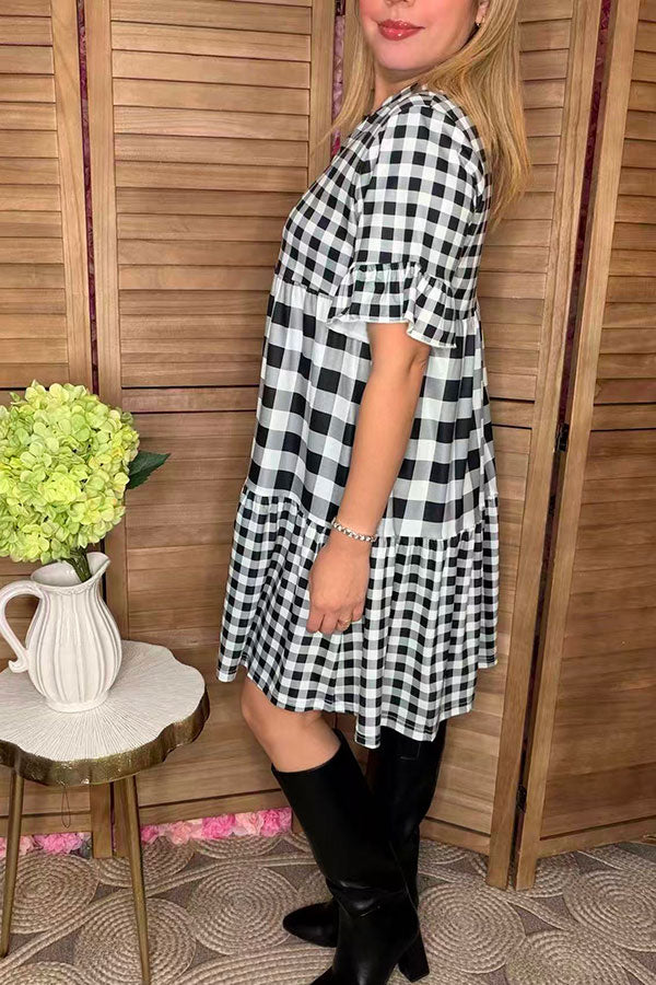 Checkered printed baby doll short sleeve women dress w/pockets GJQ15916