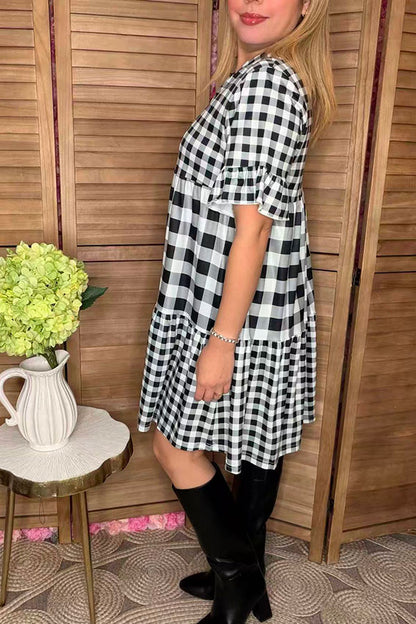 Checkered printed baby doll short sleeve women dress w/pockets GJQ15916