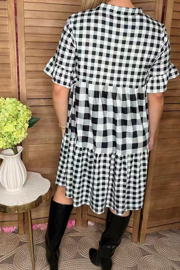 Checkered printed baby doll short sleeve women dress w/pockets GJQ15916
