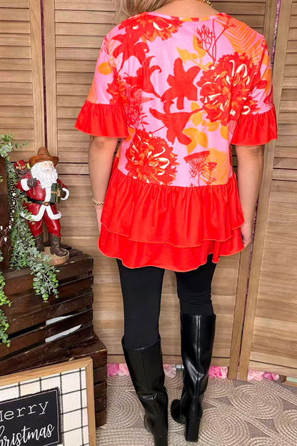 Pink floral printed & orange ruffle short sleeve baby doll women top GJQ15910 (IS8)