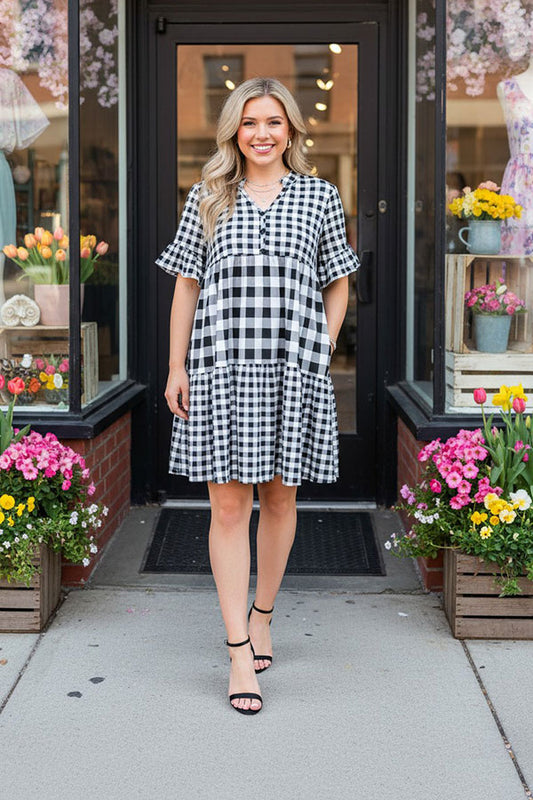 Checkered printed baby doll short sleeve women dress w/pockets GJQ15916