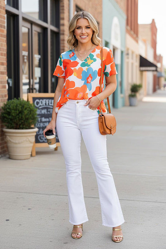 Chic floral printed short sleeve baby doll chiffon women's boutique top GJQ15918