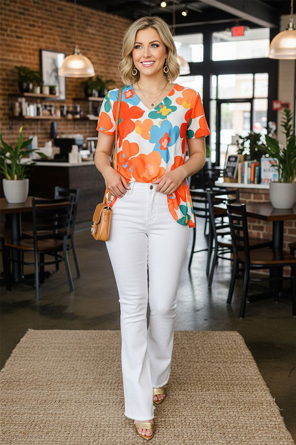 Chic floral printed short sleeve baby doll chiffon women's boutique top GJQ15918