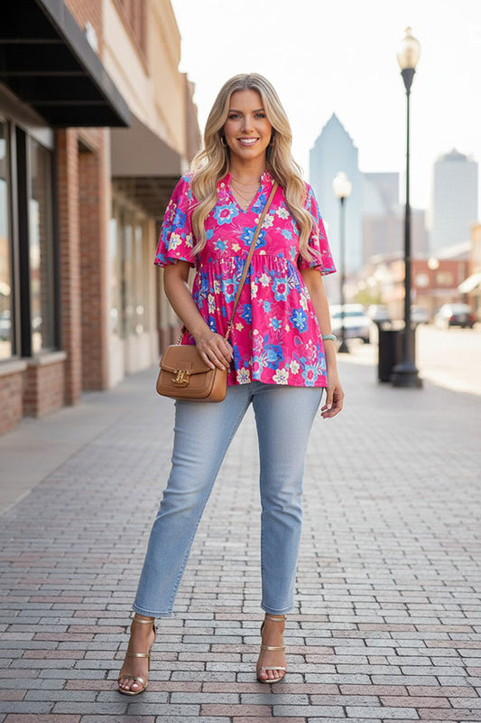 Trendy floral printed baby doll & bell short sleeve women boutique top GJQ16071