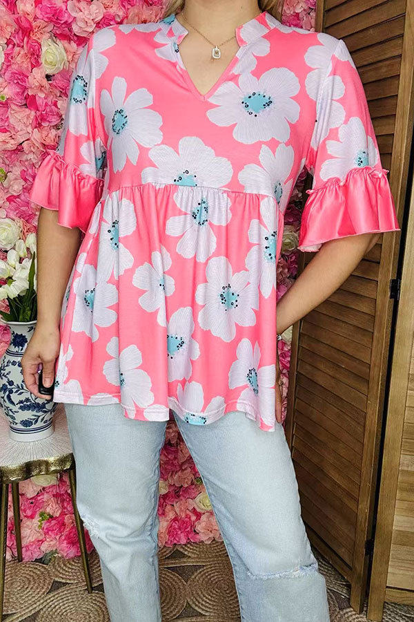 Women clothing suppliers Pink floral printed ruffle loose blouse GJQ16137