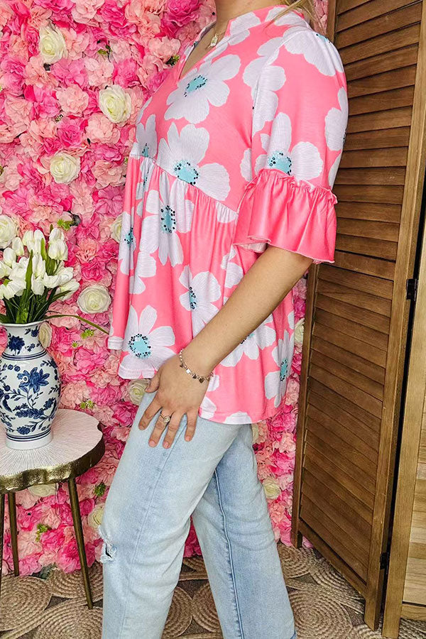 Women clothing suppliers Pink floral printed ruffle loose blouse GJQ16137