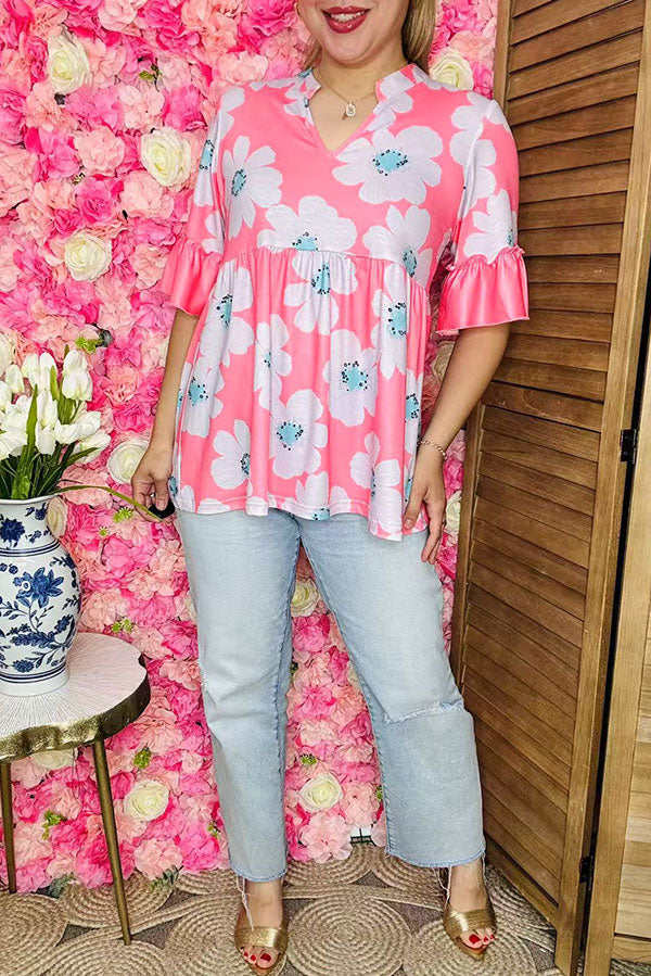 Women clothing suppliers Pink floral printed ruffle loose blouse GJQ16137