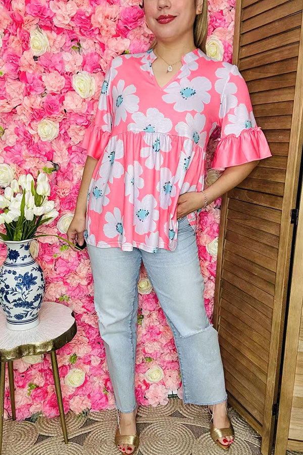 Women clothing suppliers Pink floral printed ruffle loose blouse GJQ16137