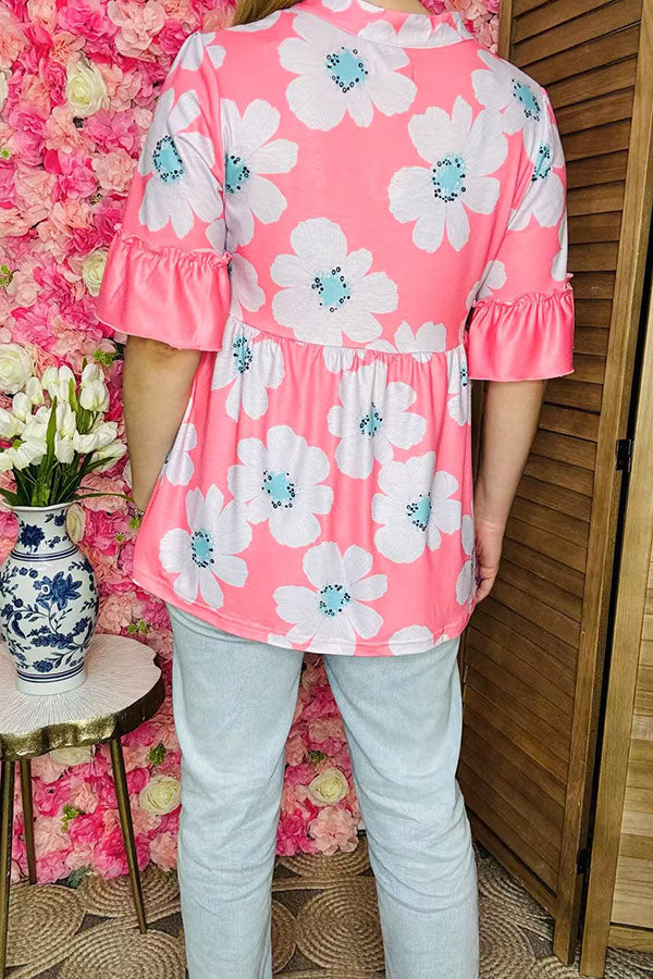 Women clothing suppliers Pink floral printed ruffle loose blouse GJQ16137