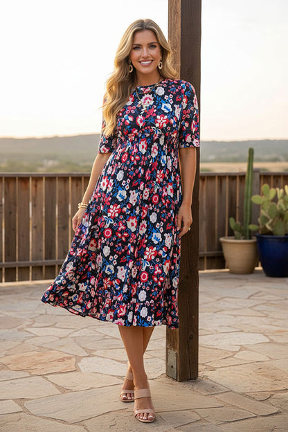 Trendy floral boutique maxi women's dress w/half sleeve elastic waist GJQ16148