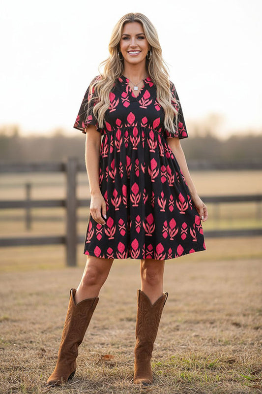 Western chic floral short sleeves women boutique dress GJQ16149