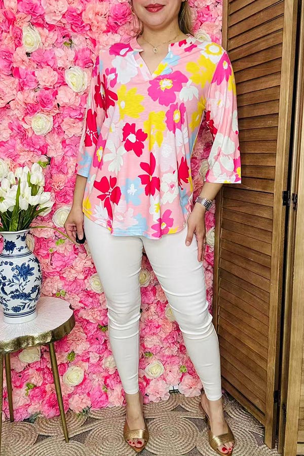 Trendy floral 3/4 sleeves & v-neck women's boutique top Southern Stitch GJQ16163