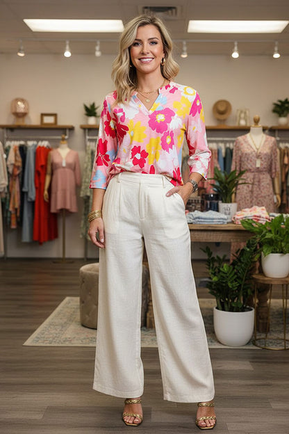 Trendy floral 3/4 sleeves & v-neck women's boutique top Southern Stitch GJQ16163