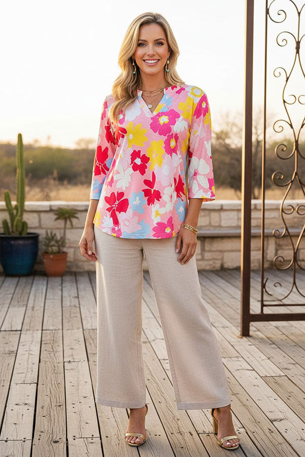 Trendy floral 3/4 sleeves & v-neck women's boutique top Southern Stitch GJQ16163