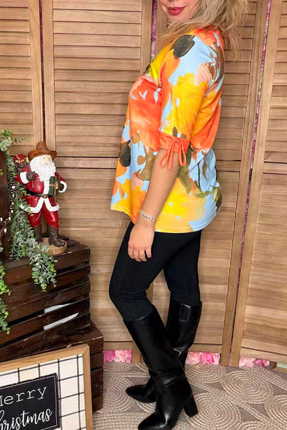 Wholesale blue & yellow half sleeve women's blouse & lace trim v-neckline GJQ16164