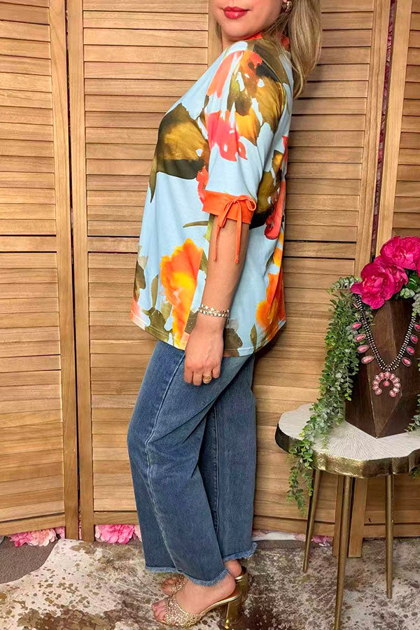 Western blue & yellow floral women's boutique blouse & lace trim v-neckline GJQ16164