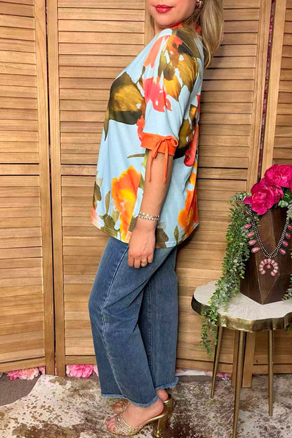 Western blue & yellow floral women's boutique blouse & lace trim v-neckline GJQ16164