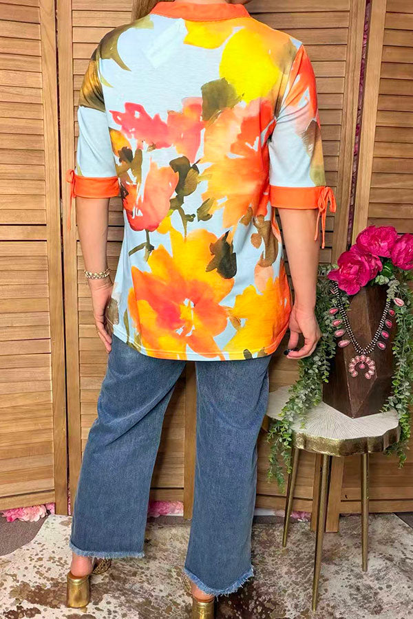 Western blue & yellow floral women's boutique blouse & lace trim v-neckline GJQ16164