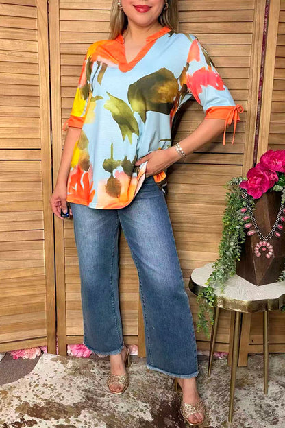 Western blue & yellow floral women's boutique blouse & lace trim v-neckline GJQ16164