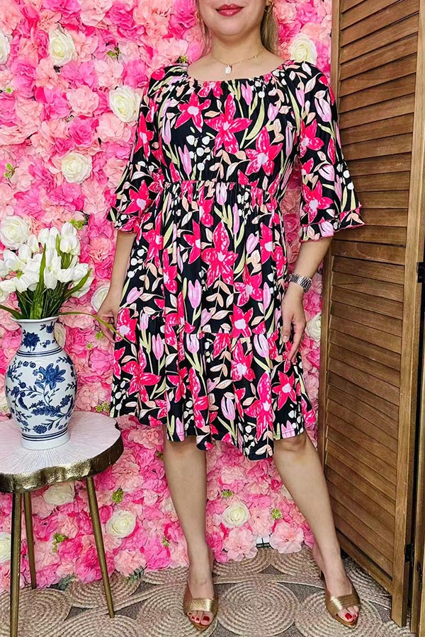 Women dress wholesale Floral printed off shoulder & ruffle 3/4 sleeves GJQ16187