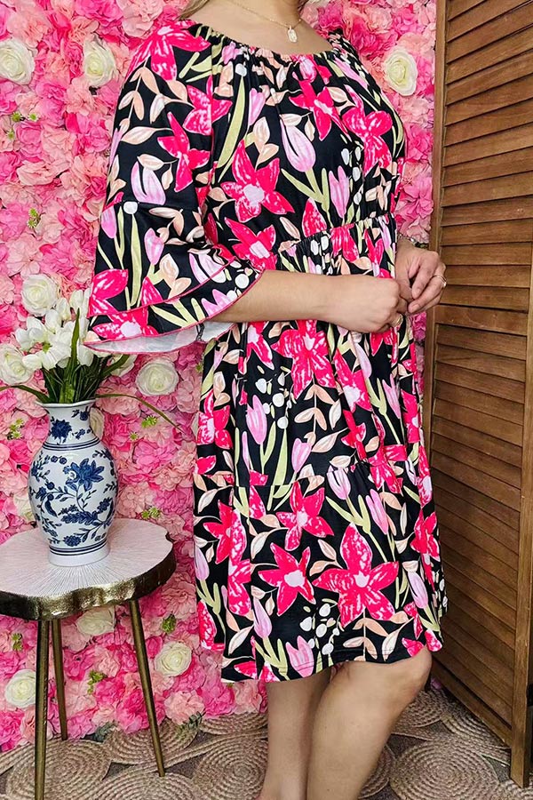 Women dress wholesale Floral printed off shoulder & ruffle 3/4 sleeves GJQ16187