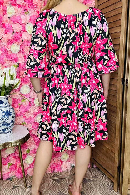 Women dress wholesale Floral printed off shoulder & ruffle 3/4 sleeves GJQ16187