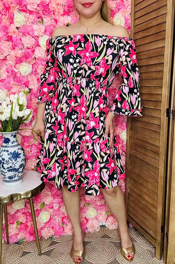 Women dress wholesale Floral printed off shoulder & ruffle 3/4 sleeves GJQ16187