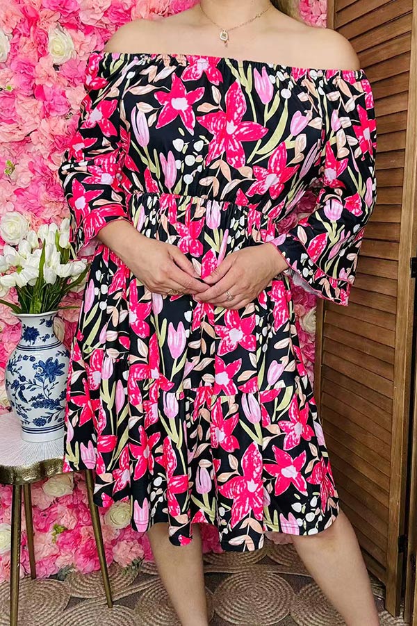 Women dress wholesale Floral printed off shoulder & ruffle 3/4 sleeves GJQ16187