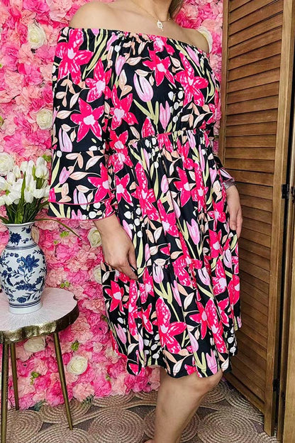 Women dress wholesale Floral printed off shoulder & ruffle 3/4 sleeves GJQ16187