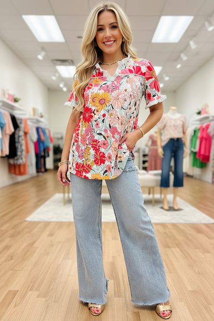 Chic floral printed & blue stripes ruffle short sleeve women's boutique top GJQ16229